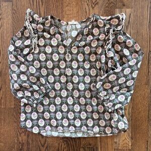 entro Floral Boho Blouse Medium Ruffle Shoulder Long Sleeve Top